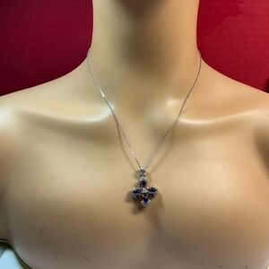 Joseph Esposito Sterling Silver Cross & Chain W/ Purple Stones. 19.25 to 21.25”